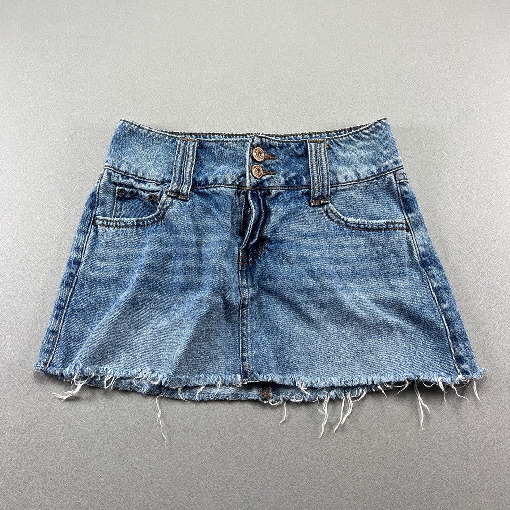 Rewash Bemore Mini Skirt Womens 0/24 Blue Denim Frayed Hem Modern Minimalist